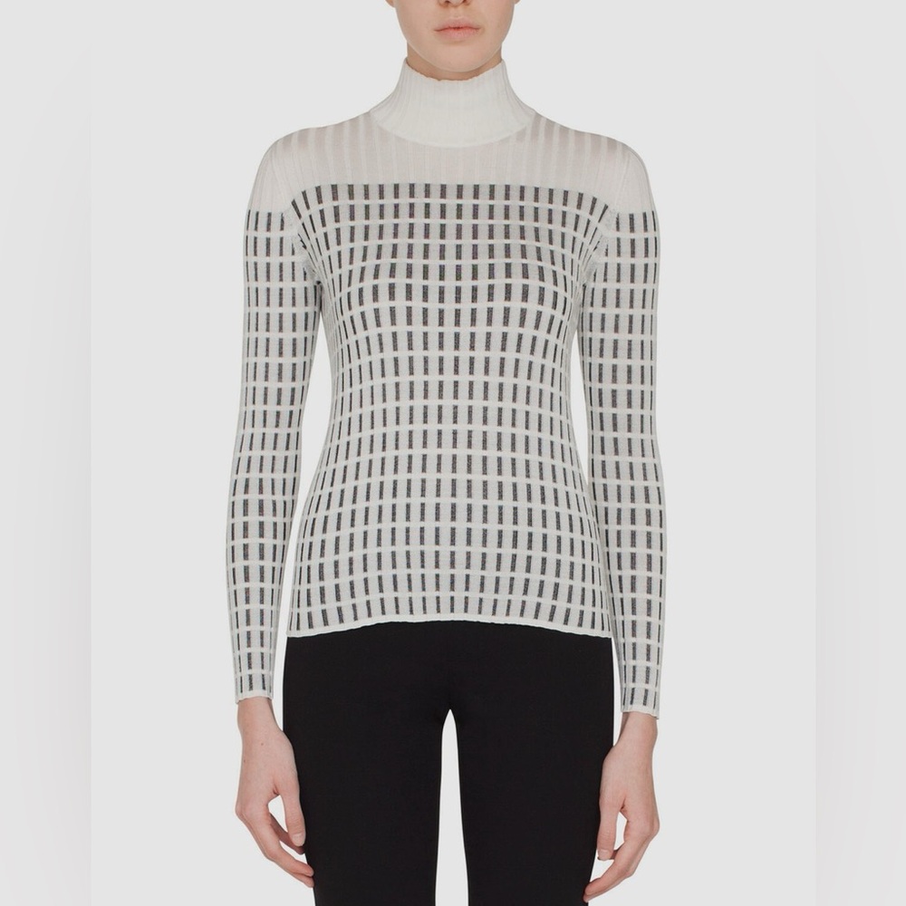Akris Cream Sheer Grid Mulberry Silk Turtleneck Ribbed Knit Top Womens US 8 EUC